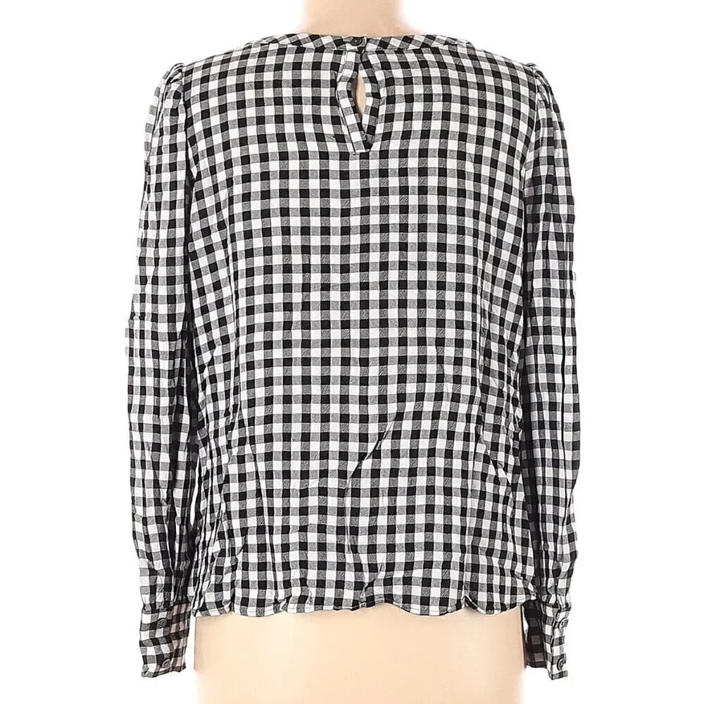 Loft Women's Size XS Blouse Long Puff Sleeve Black White Gingham Crewneck 552579